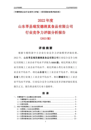 [专精特新]山东莘县瑞发德清真食品有限公司行业竞争力评级分析报告(2023版)