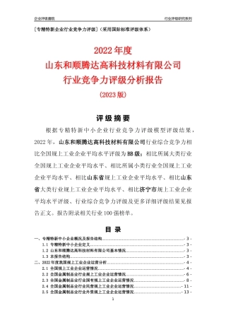 [专精特新]山东和顺腾达高科技材料有限公司行业竞争力评级分析报告(2023版)
