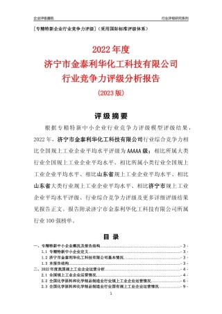 [专精特新]济宁市金泰利华化工科技有限公司行业竞争力评级分析报告(2023版)