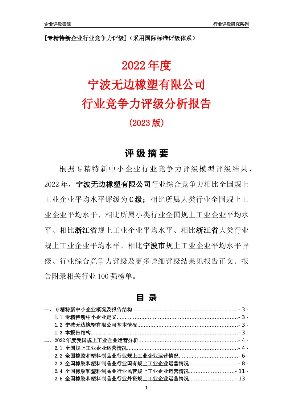 [专精特新]宁波无边橡塑有限公司行业竞争力评级分析报告(2023版)_第1页
