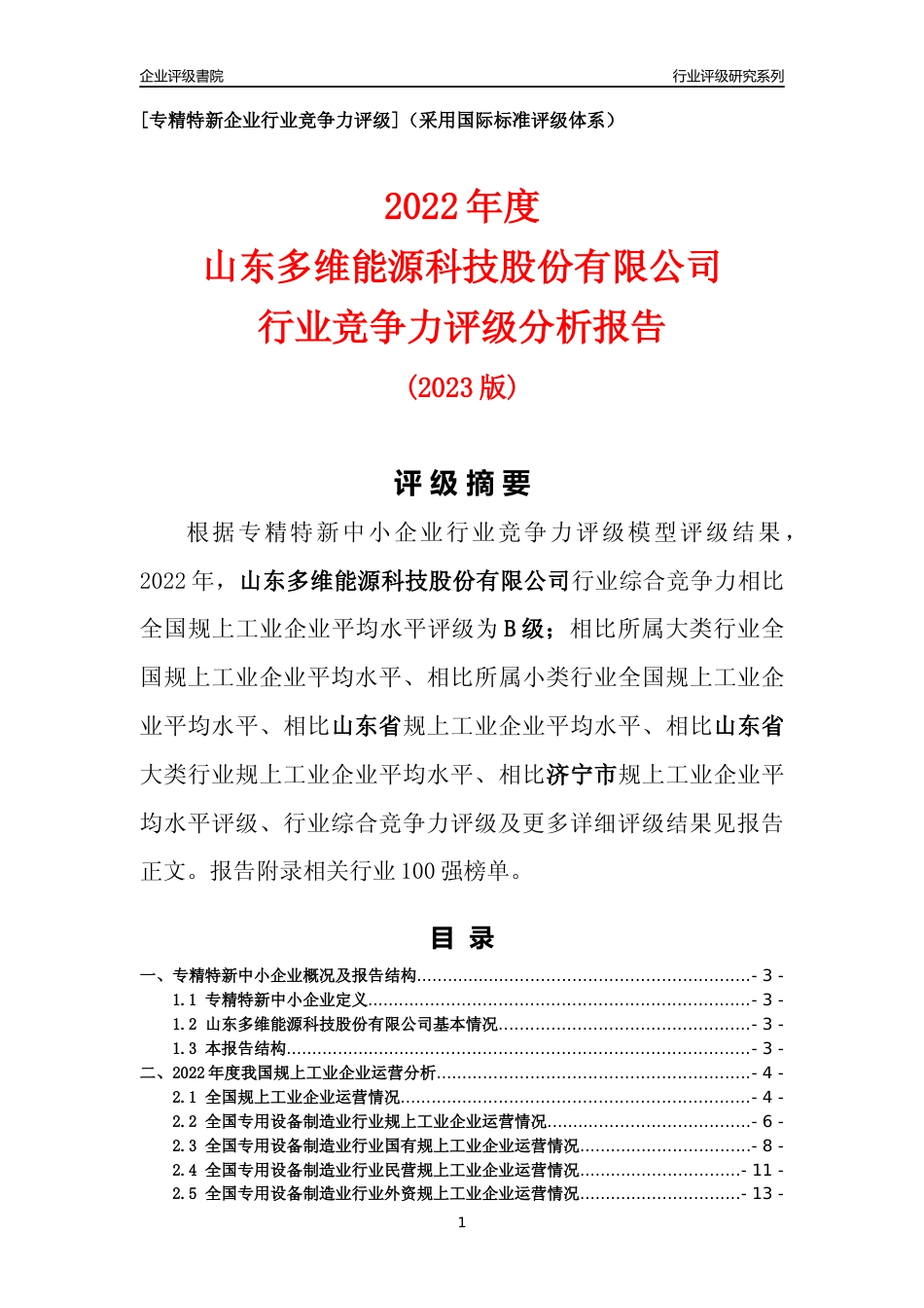 [专精特新]山东多维能源科技股份有限公司行业竞争力评级分析报告(2023版)_第1页