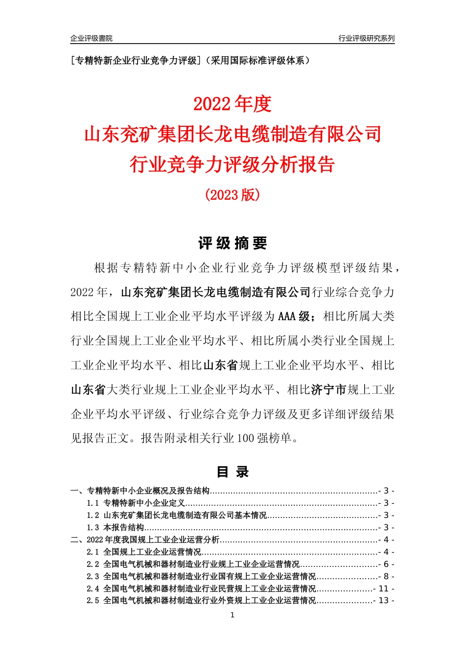 [专精特新]山东兖矿集团长龙电缆制造有限公司行业竞争力评级分析报告(2023版)_第1页