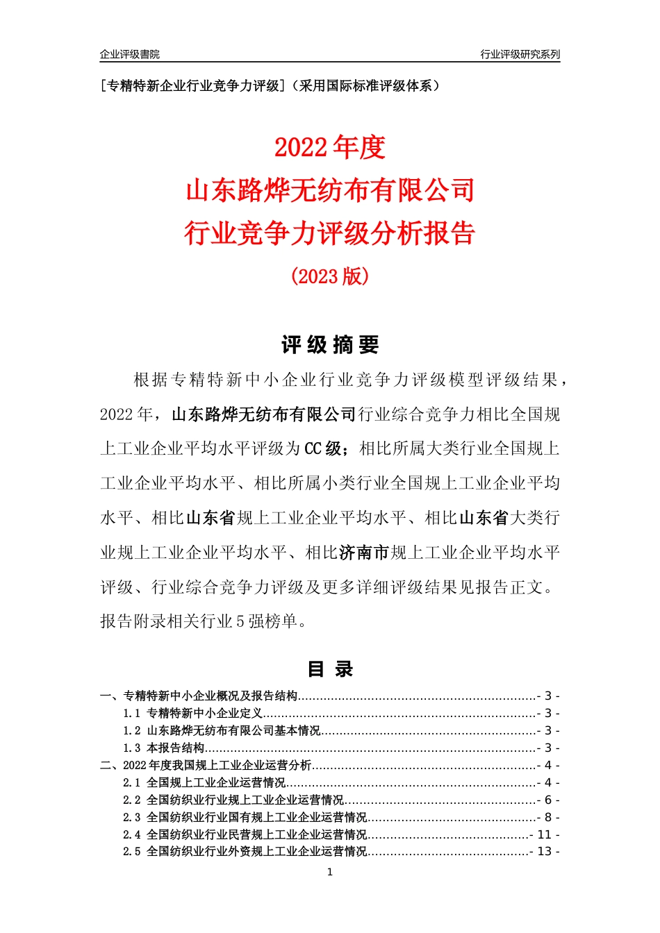[专精特新]山东路烨无纺布有限公司行业竞争力评级分析报告(2023版)_第1页