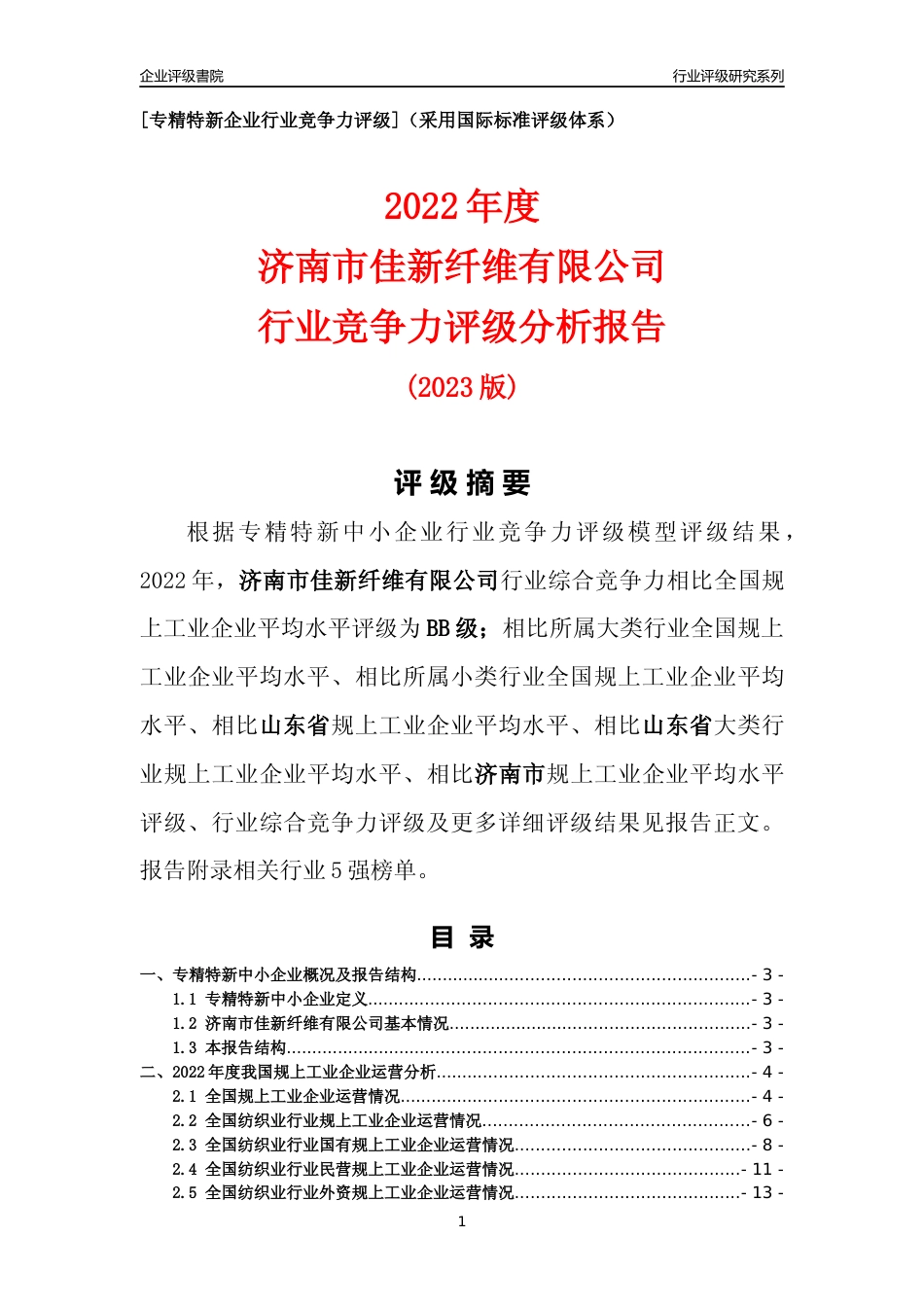 [专精特新]济南市佳新纤维有限公司行业竞争力评级分析报告(2023版)_第1页