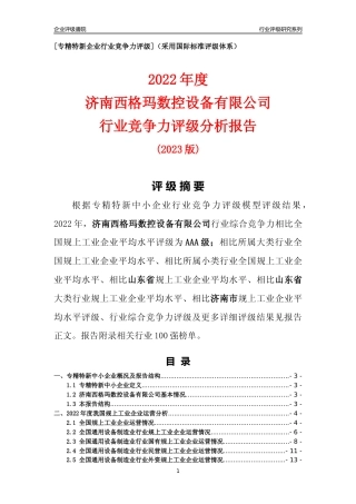 [专精特新]济南西格玛数控设备有限公司行业竞争力评级分析报告(2023版)