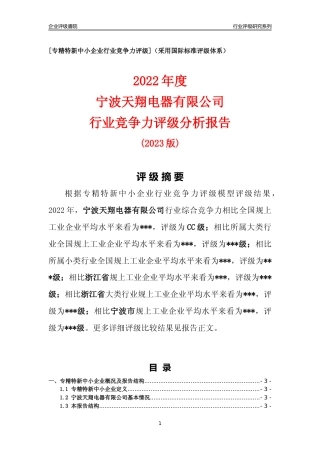 [专精特新]宁波天翔电器有限公司行业竞争力评级分析报告(2023版)