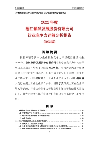 [专精特新]浙江镇洋发展股份有限公司行业竞争力评级分析报告(2023版)