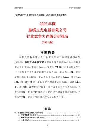 [专精特新]慈溪玉龙电器有限公司行业竞争力评级分析报告(2023版)