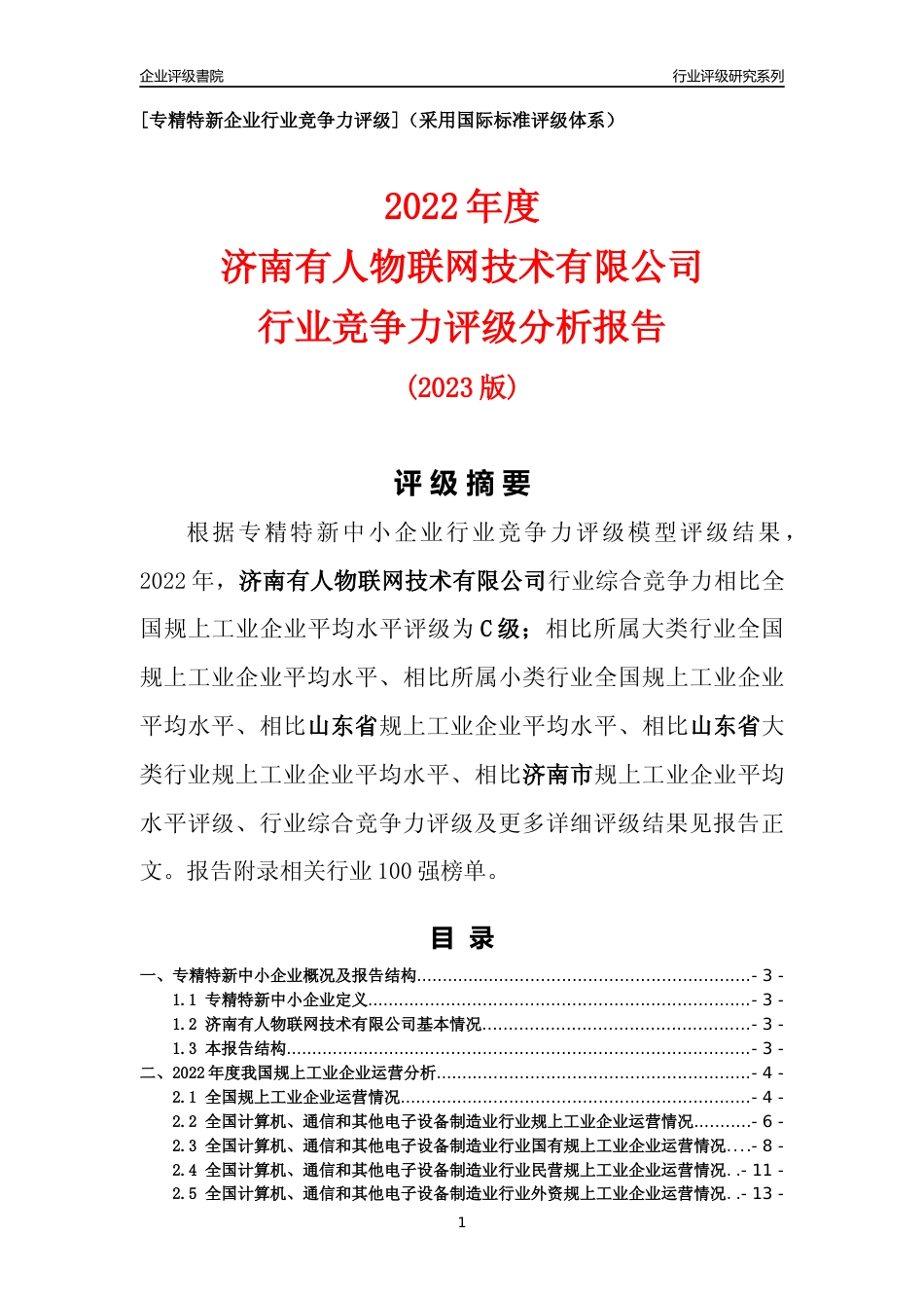 [专精特新]济南有人物联网技术有限公司行业竞争力评级分析报告(2023版)_第1页
