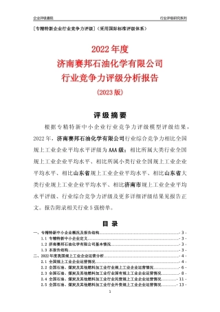 [专精特新]济南赛邦石油化学有限公司行业竞争力评级分析报告(2023版)