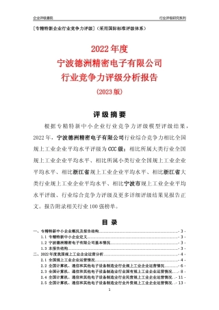 [专精特新]宁波德洲精密电子有限公司行业竞争力评级分析报告(2023版)