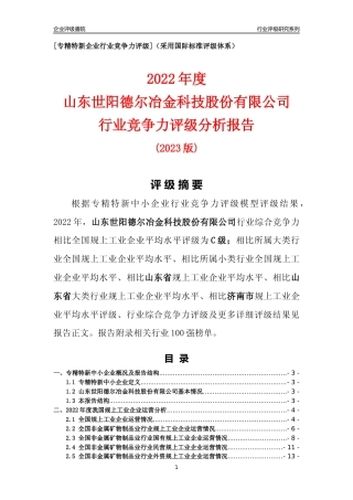 [专精特新]山东世阳德尔冶金科技股份有限公司行业竞争力评级分析报告(2023版)