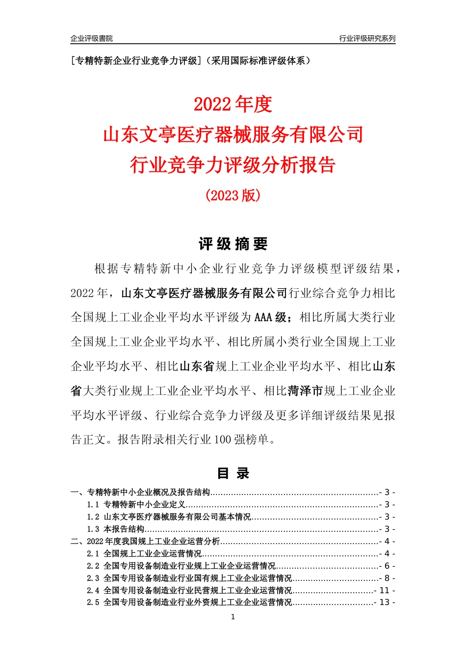 [专精特新]山东文亭医疗器械服务有限公司行业竞争力评级分析报告(2023版)_第1页
