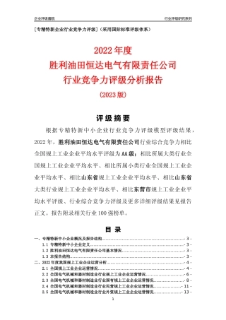 [专精特新]胜利油田恒达电气有限责任公司行业竞争力评级分析报告(2023版)