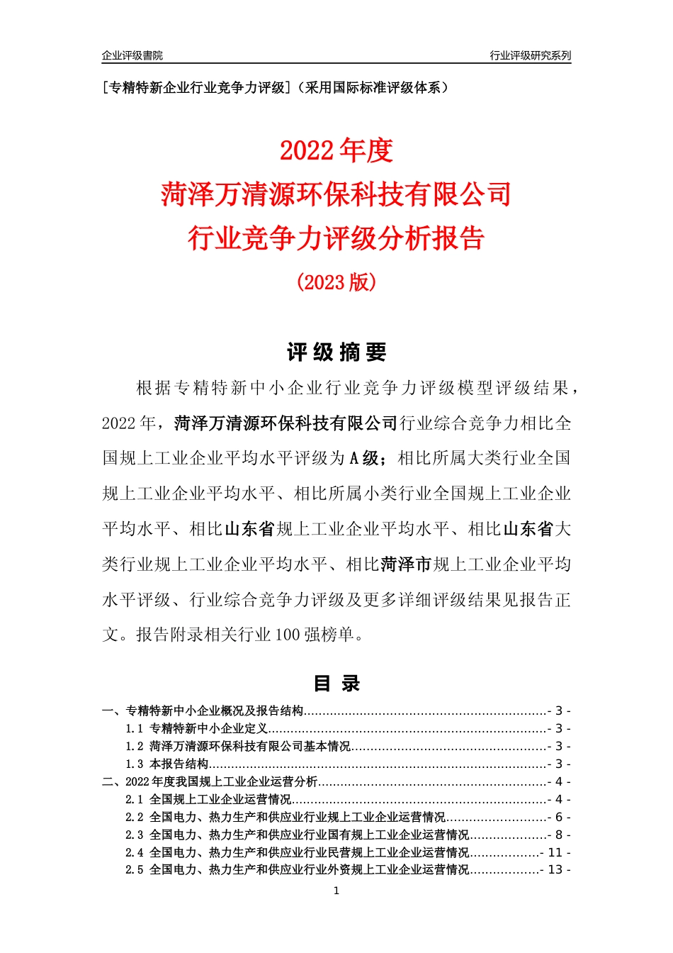 [专精特新]菏泽万清源环保科技有限公司行业竞争力评级分析报告(2023版)_第1页
