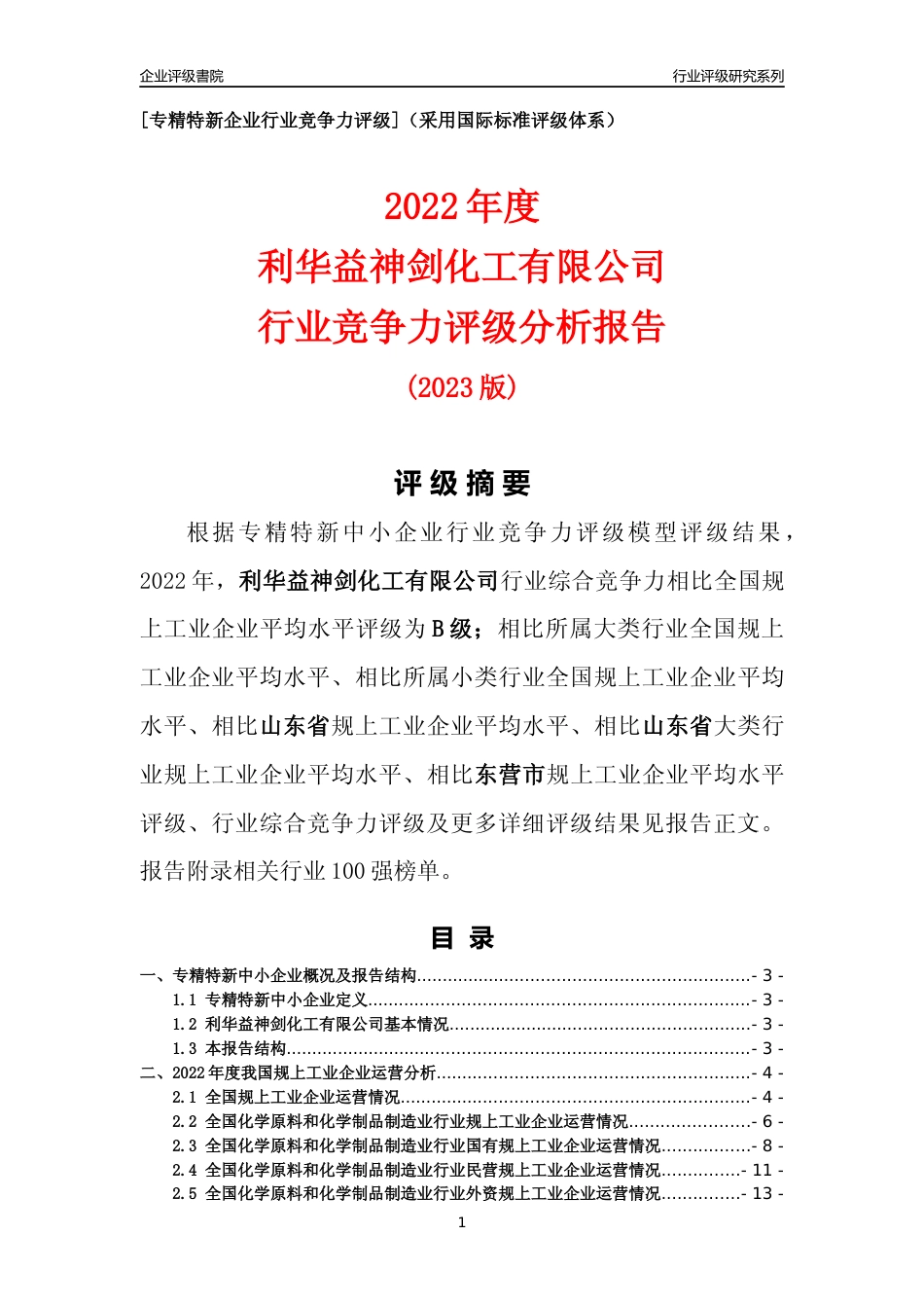[专精特新]利华益神剑化工有限公司行业竞争力评级分析报告(2023版)_第1页