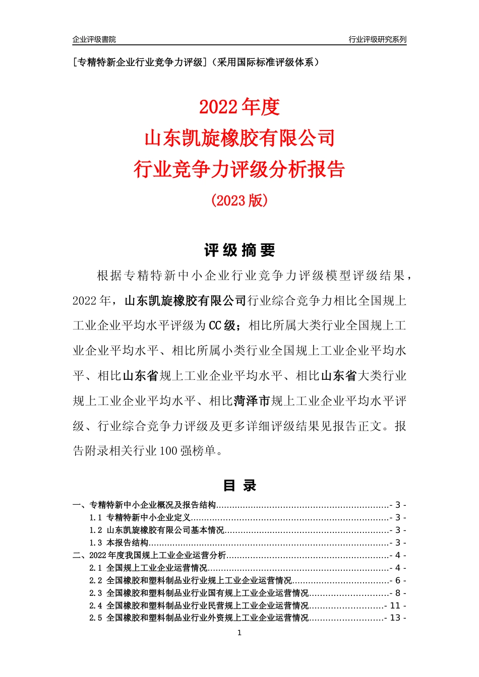 [专精特新]山东凯旋橡胶有限公司行业竞争力评级分析报告(2023版)_第1页