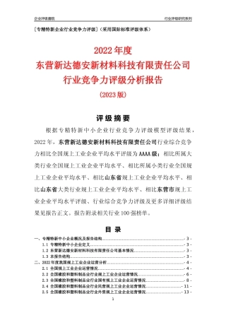 [专精特新]东营新达德安新材料科技有限责任公司行业竞争力评级分析报告(2023版)