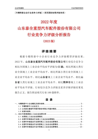 [专精特新]山东泰全重型汽车配件股份有限公司行业竞争力评级分析报告(2023版)