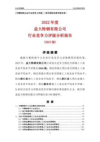 [专精特新]益大特钢有限公司行业竞争力评级分析报告(2023版)