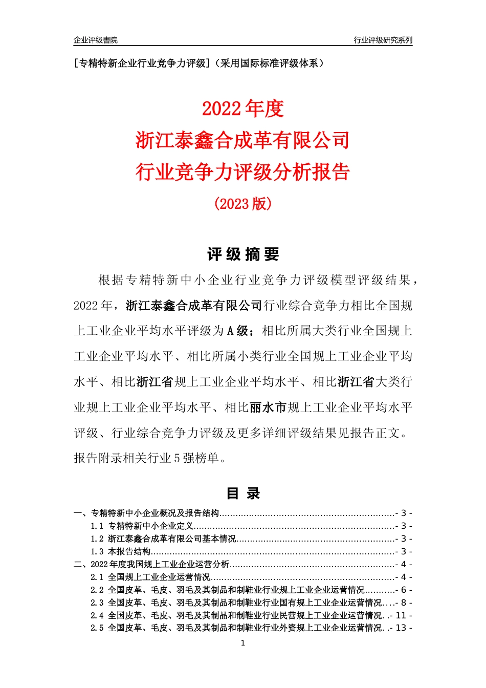 [专精特新]浙江泰鑫合成革有限公司行业竞争力评级分析报告(2023版)_第1页