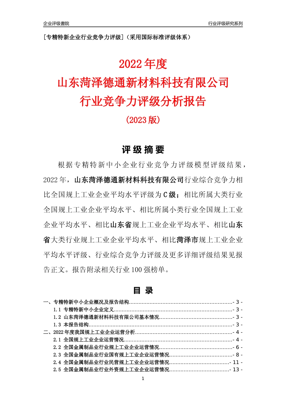 [专精特新]山东菏泽德通新材料科技有限公司行业竞争力评级分析报告(2023版)_第1页