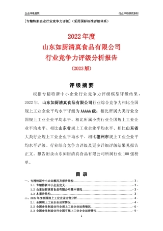 [专精特新]山东如厨清真食品有限公司行业竞争力评级分析报告(2023版)