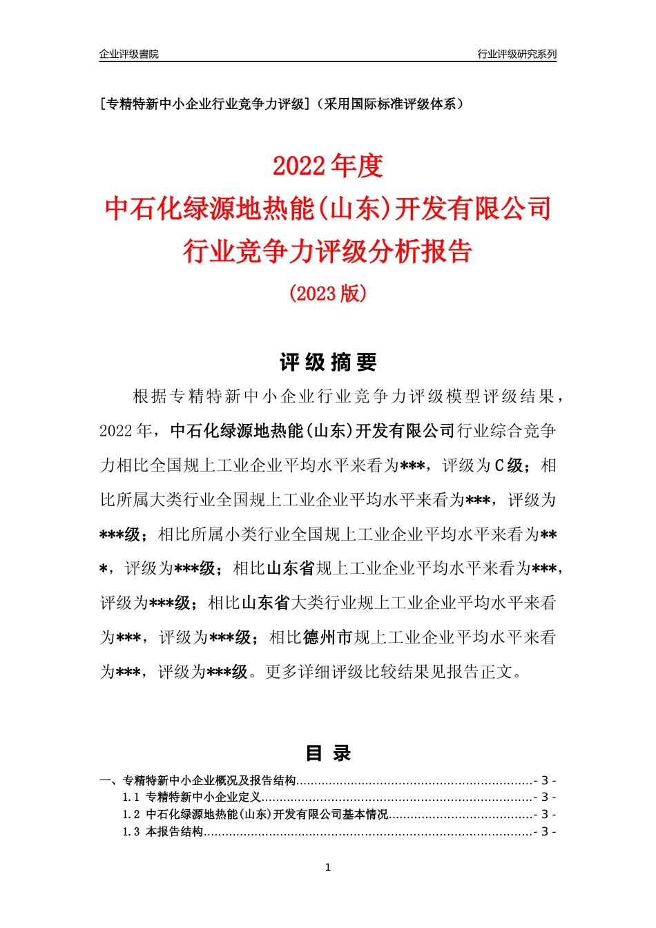 [专精特新]中石化绿源地热能(山东)开发有限公司行业竞争力评级分析报告(2023版)_第1页