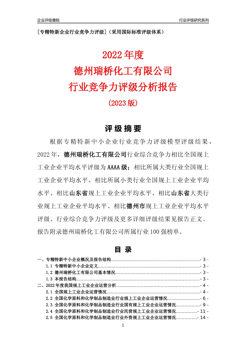 [专精特新]德州瑞桥化工有限公司行业竞争力评级分析报告(2023版)_第1页