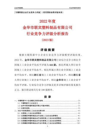 [专精特新]金华市联宾塑料制品有限公司行业竞争力评级分析报告(2023版)