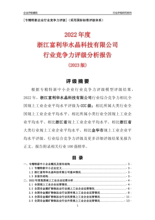 [专精特新]浙江富利华水晶科技有限公司行业竞争力评级分析报告(2023版)
