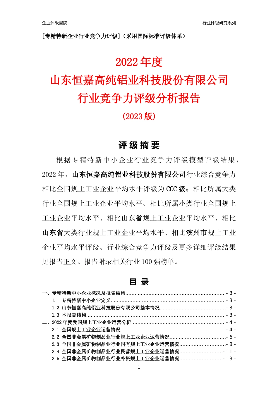 [专精特新]山东恒嘉高纯铝业科技股份有限公司行业竞争力评级分析报告(2023版)_第1页