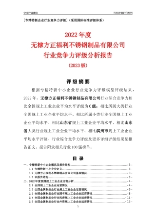 [专精特新]无棣方正福利不锈钢制品有限公司行业竞争力评级分析报告(2023版)