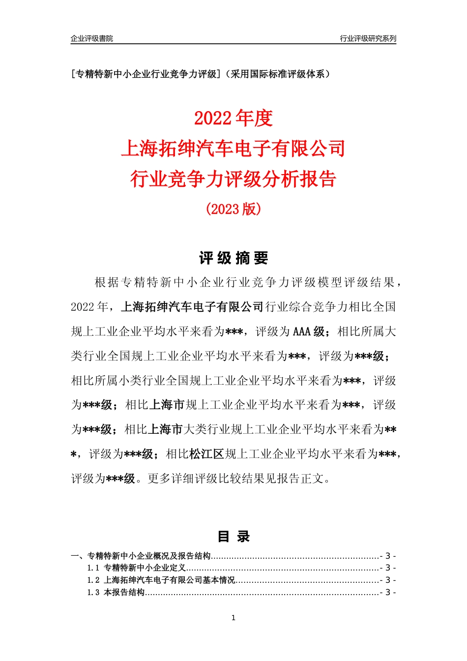 [专精特新]上海拓绅汽车电子有限公司行业竞争力评级分析报告(2023版)_第1页