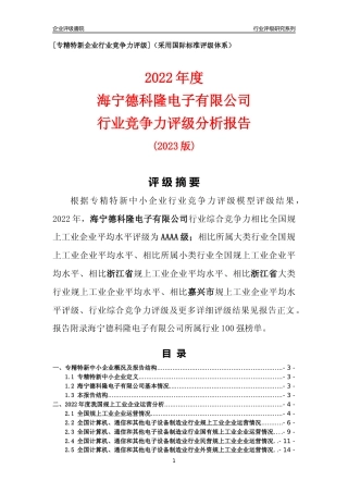 [专精特新]海宁德科隆电子有限公司行业竞争力评级分析报告(2023版)