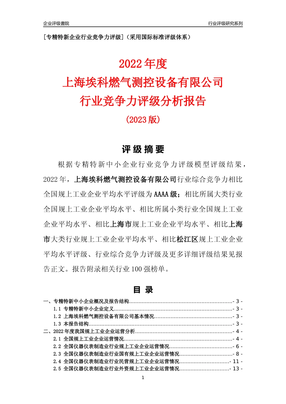 [专精特新]上海埃科燃气测控设备有限公司行业竞争力评级分析报告(2023版)_第1页