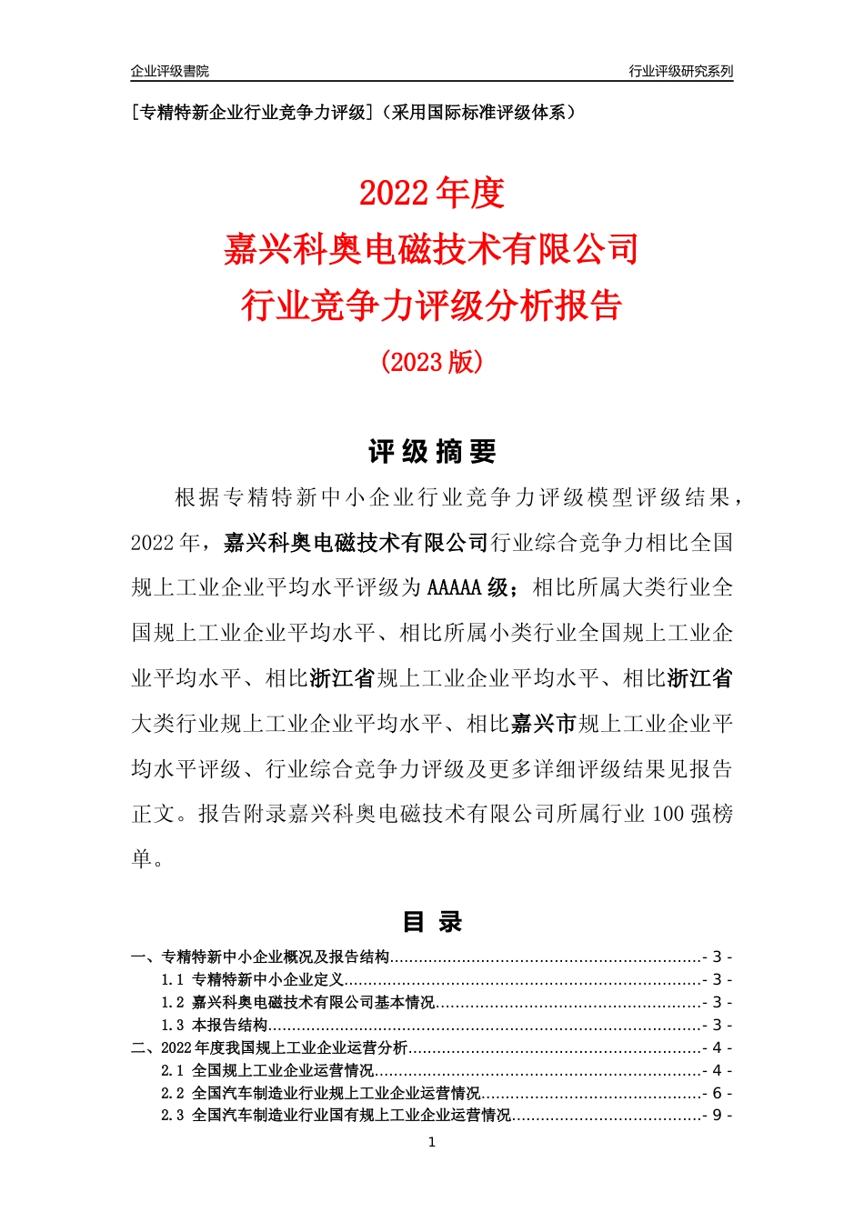 [专精特新]嘉兴科奥电磁技术有限公司行业竞争力评级分析报告(2023版)_第1页