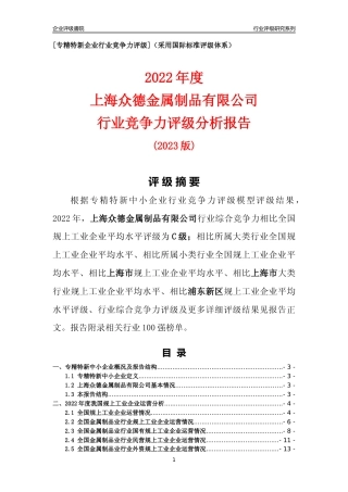 [专精特新]上海众德金属制品有限公司行业竞争力评级分析报告(2023版)