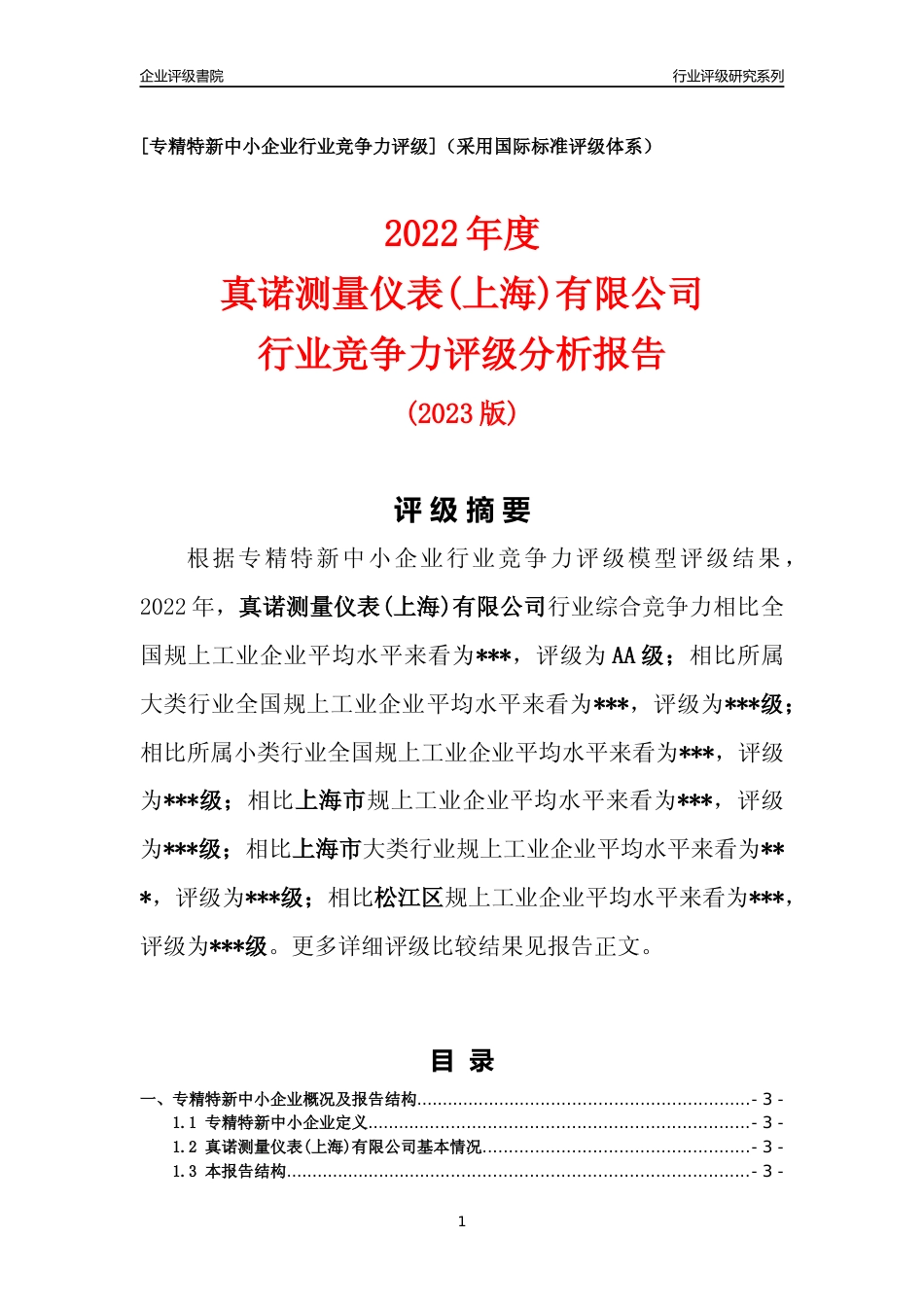[专精特新]真诺测量仪表(上海)有限公司行业竞争力评级分析报告(2023版)_第1页