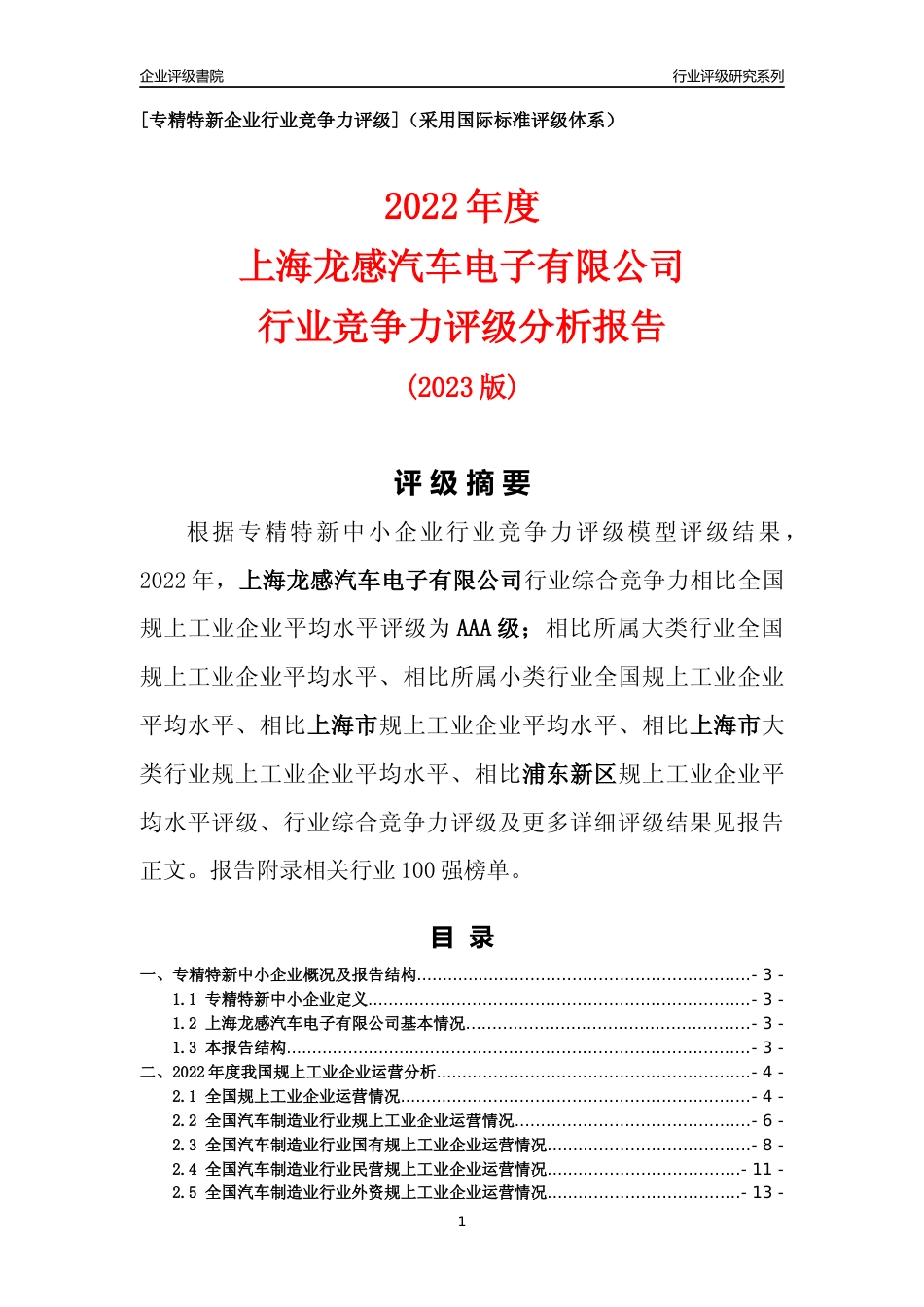 [专精特新]上海龙感汽车电子有限公司行业竞争力评级分析报告(2023版)_第1页