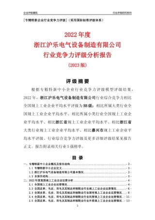 [专精特新]浙江沪乐电气设备制造有限公司行业竞争力评级分析报告(2023版)