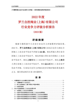 [专精特新]罗兰自控阀业(上海)有限公司行业竞争力评级分析报告(2023版)