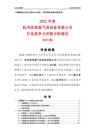 [专精特新]杭州优埃基气体设备有限公司行业竞争力评级分析报告(2023版)