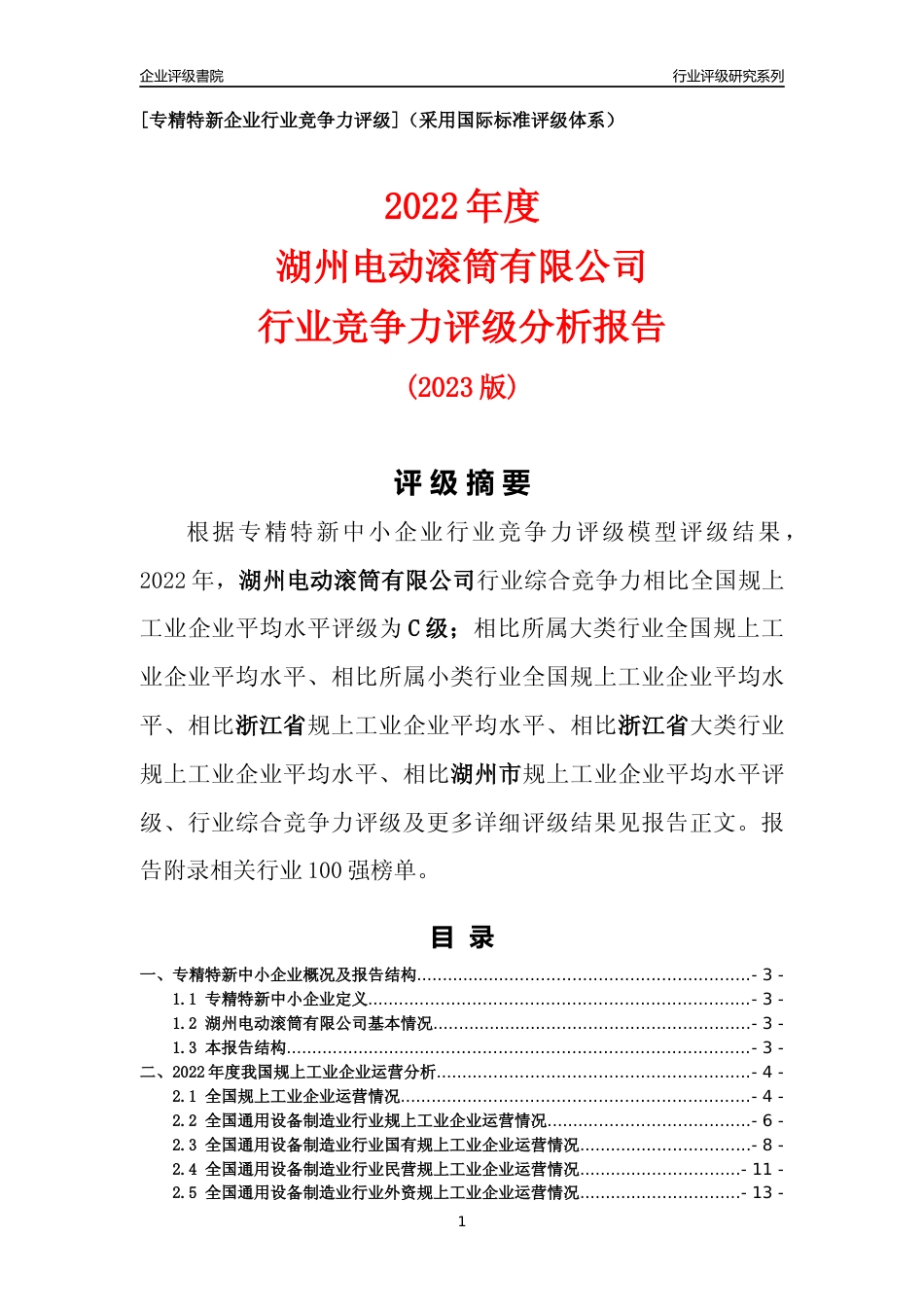 [专精特新]湖州电动滚筒有限公司行业竞争力评级分析报告(2023版)_第1页
