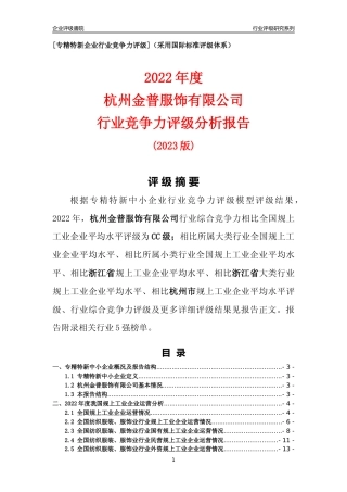 [专精特新]杭州金普服饰有限公司行业竞争力评级分析报告(2023版)
