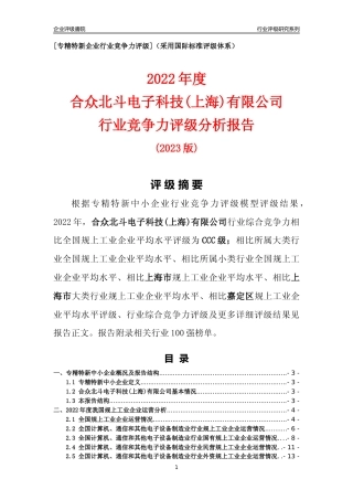 [专精特新]合众北斗电子科技(上海)有限公司行业竞争力评级分析报告(2023版)