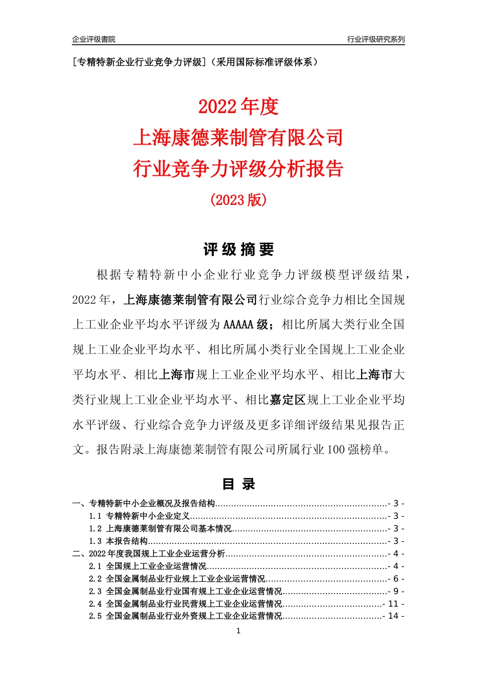 [专精特新]上海康德莱制管有限公司行业竞争力评级分析报告(2023版)_第1页