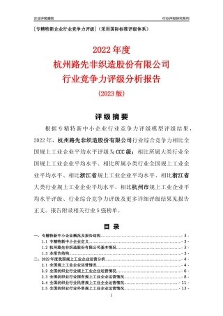[专精特新]杭州路先非织造股份有限公司行业竞争力评级分析报告(2023版)