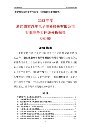 [专精特新]浙江德宏汽车电子电器股份有限公司行业竞争力评级分析报告(2023版)