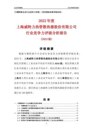 [专精特新]上海威特力热管散热器股份有限公司行业竞争力评级分析报告(2023版)